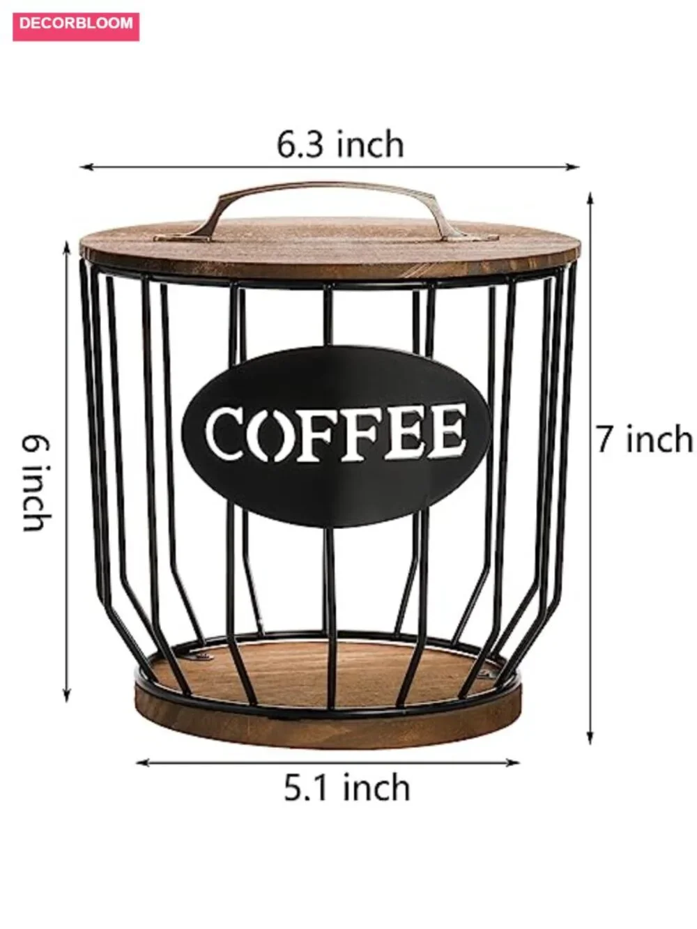Large Capacity Coffee Pod Holder with Rustic Wooden Lid and Base, Metal Wire K